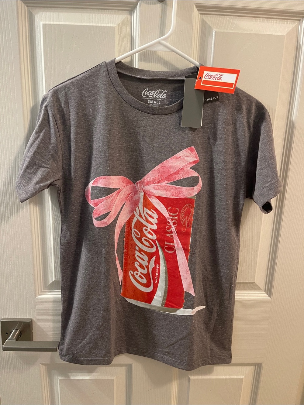 Coca Cola Gray Tee with Red Can and Pink Bow Graphic